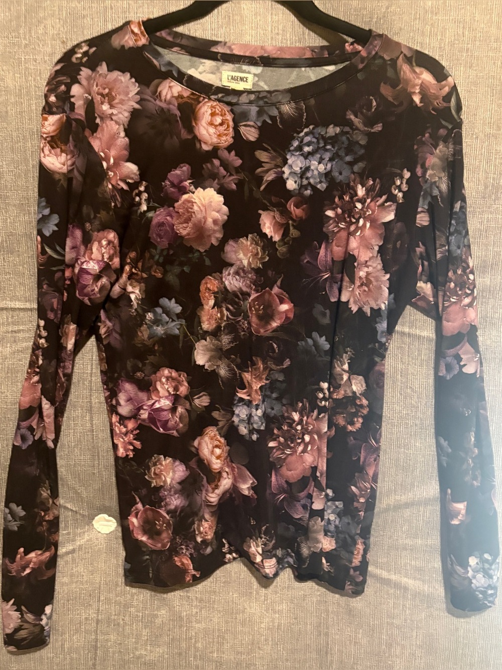 L'AGENCE Black Floral Crewneck Sweater with Pink & Blue Blooms